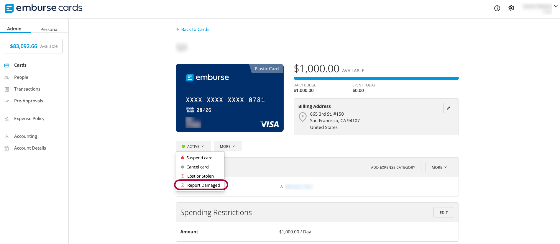 Card details page with the Active dropdown showing Report Damaged selected.