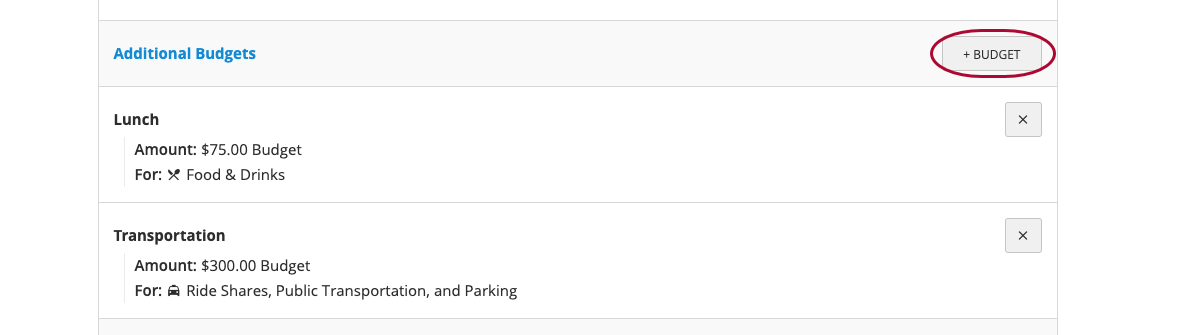 Additional Budgets section with + Budget button visible.