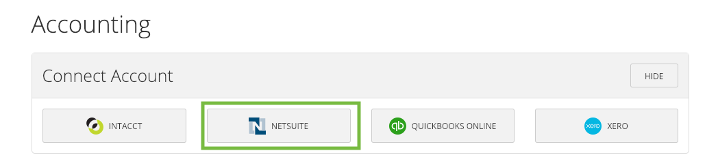 Accounting page showing the Connect Account section with NETSUITE as an option.