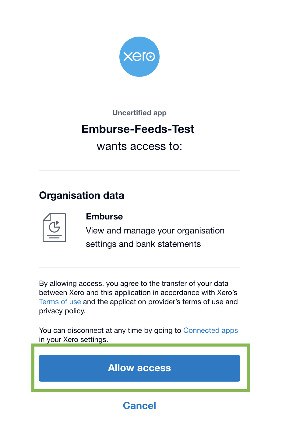Xero authorization screen prompting the user to select an organization and allow access.