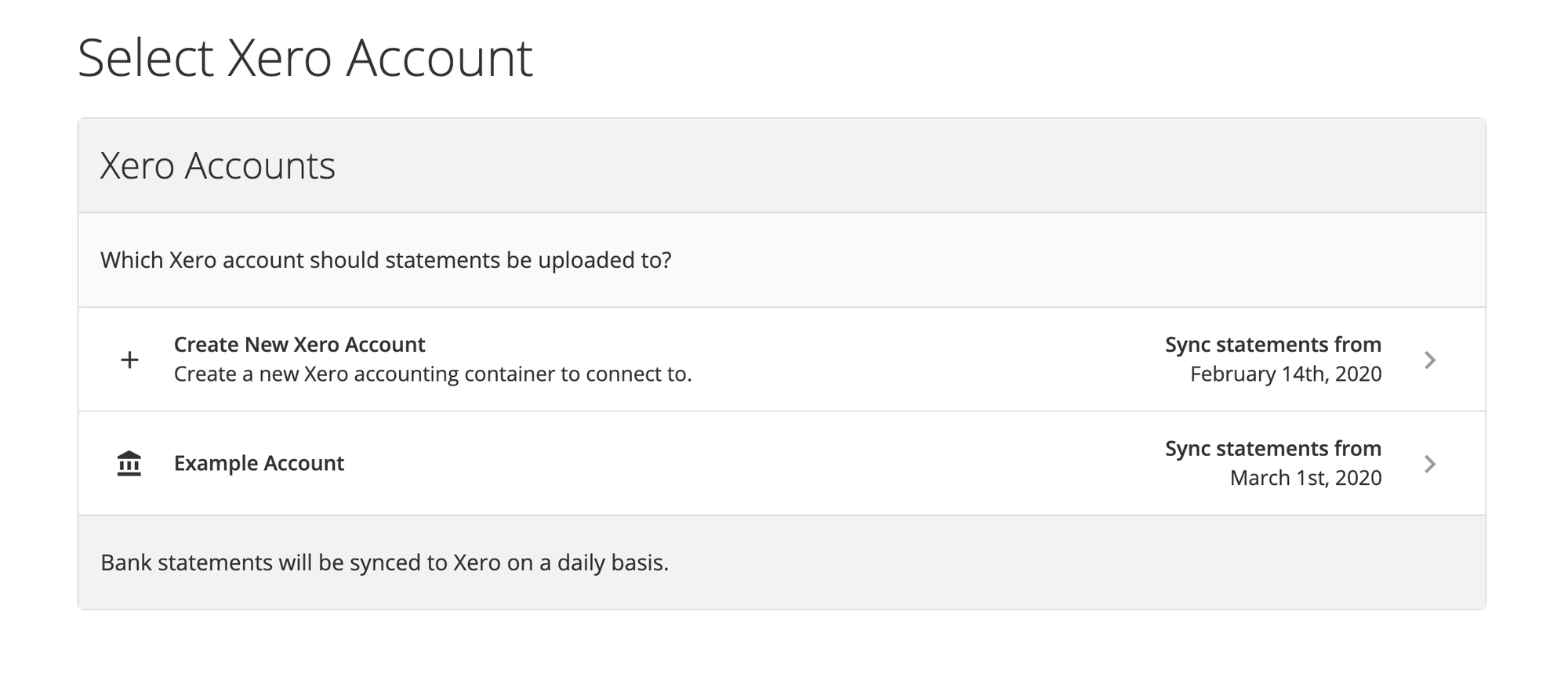Xero account selection screen with options to create a new account or choose an existing account.