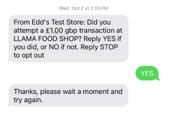 Example SMS message asking the cardholder to confirm a transaction by replying YES or NO.