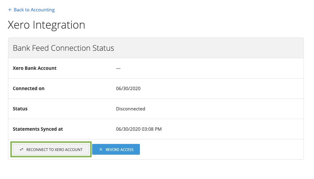 Reconnect To Xero Account button on the integration page.