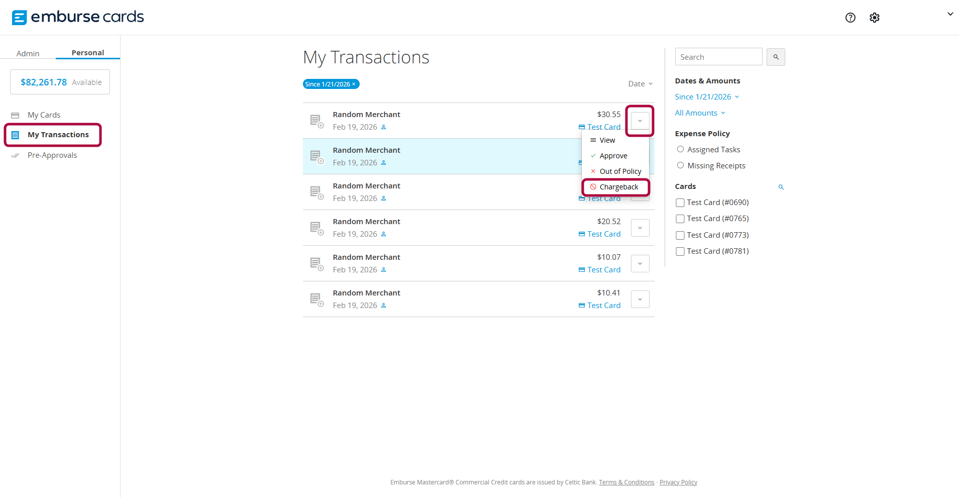 My Transactions page in Emburse Cards showing a selected transaction with the More Actions menu open and the Chargeback option highlighted.