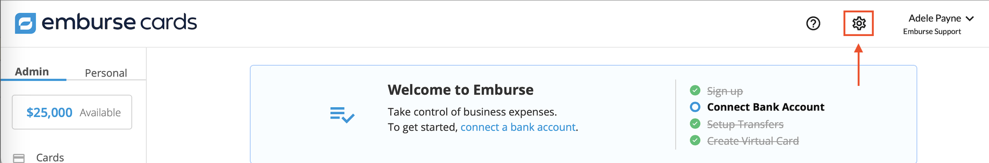 Settings menu (wagon wheel) in the upper-left corner of the account.