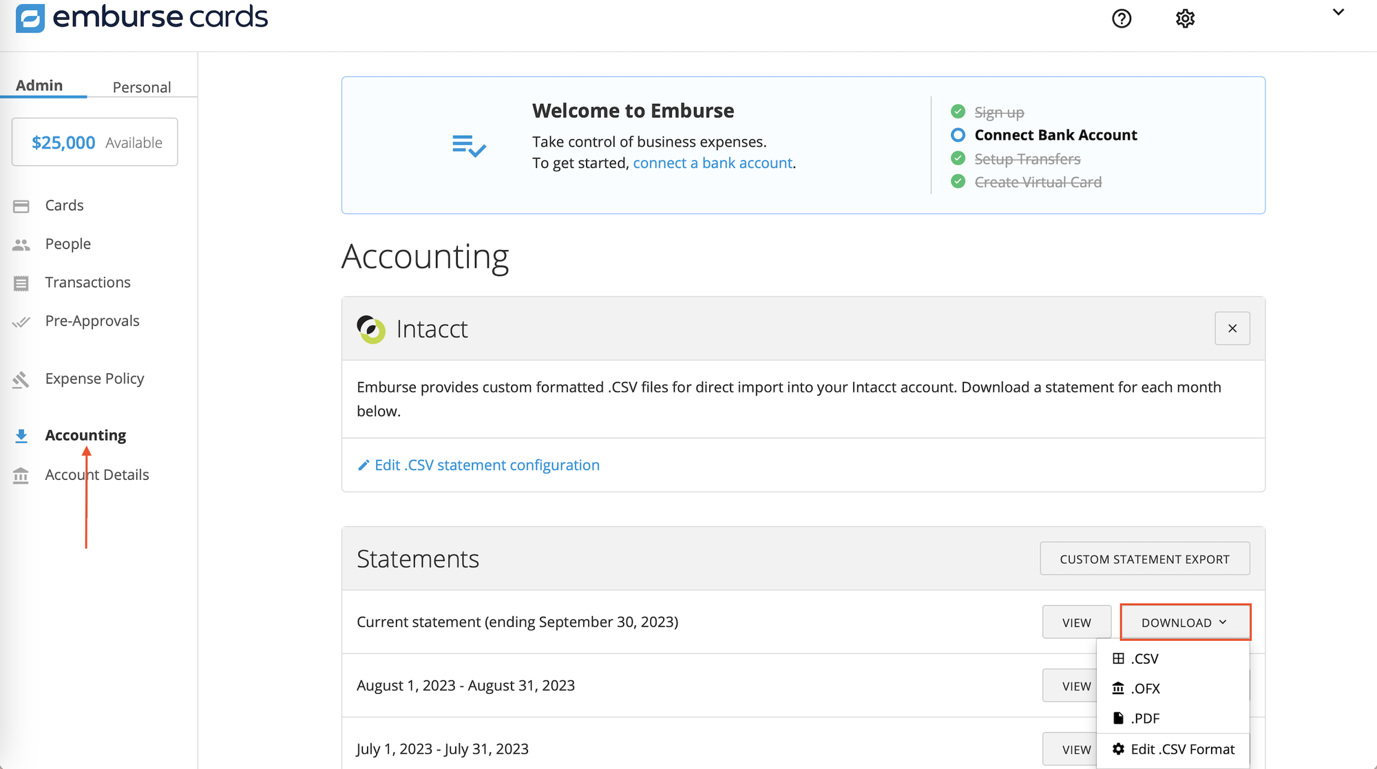 Accounting page showing a month row with a Download button and file type options.