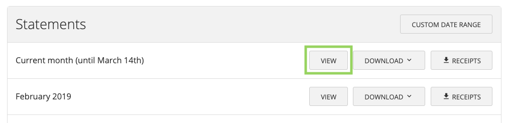 Accounting page showing a month row with a View button to open a PDF statement.