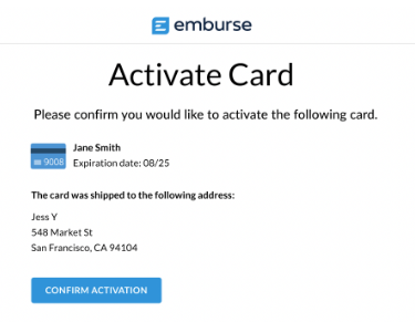 Card activation screen showing the Confirm Activation button.