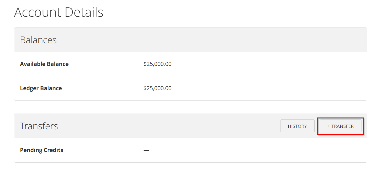 Account Details page with the Transfer button highlighted.