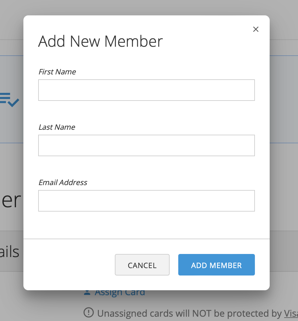 Add member details form used during card assignment