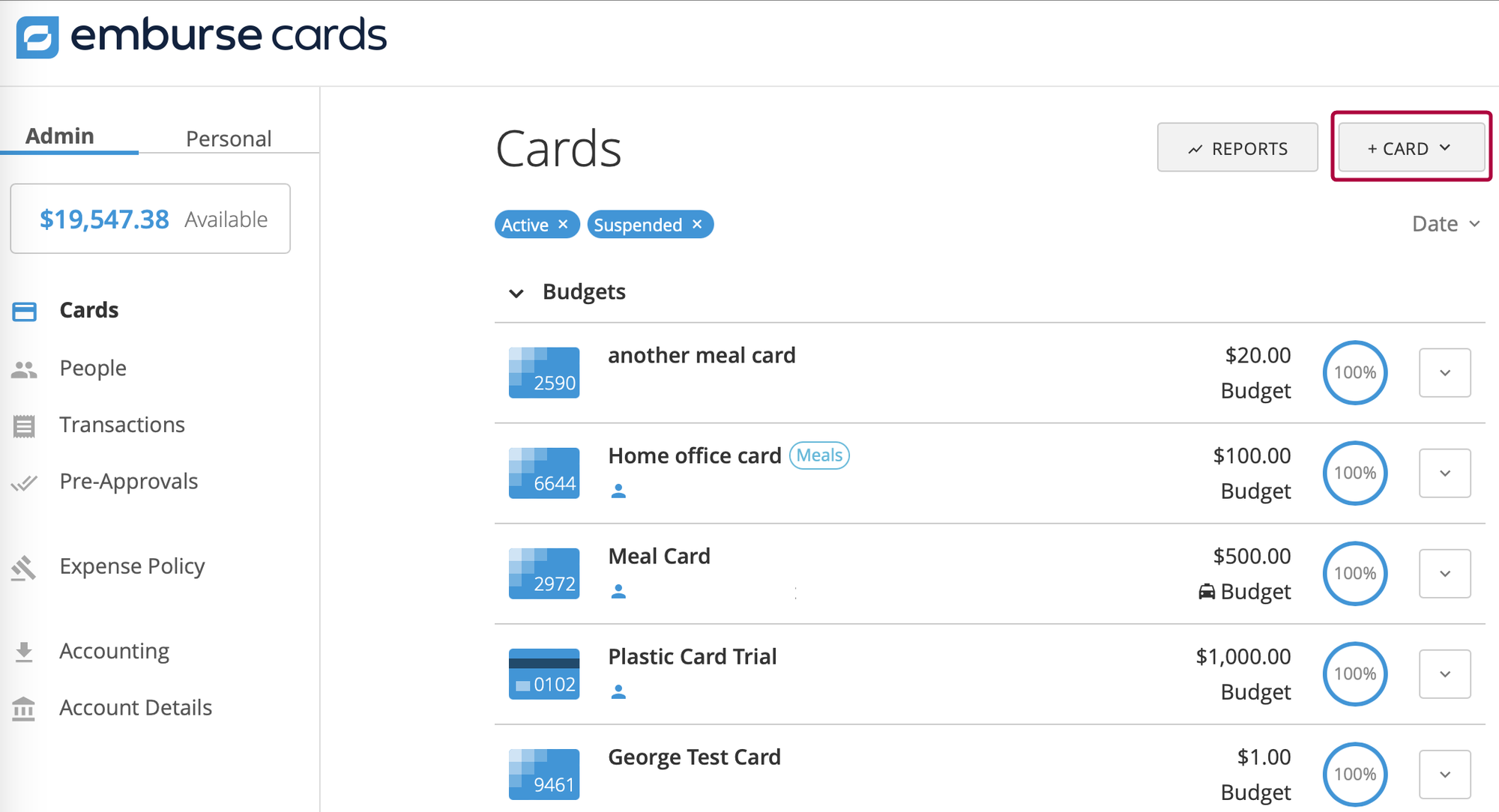 Cards page with the +Card option to create a new card.