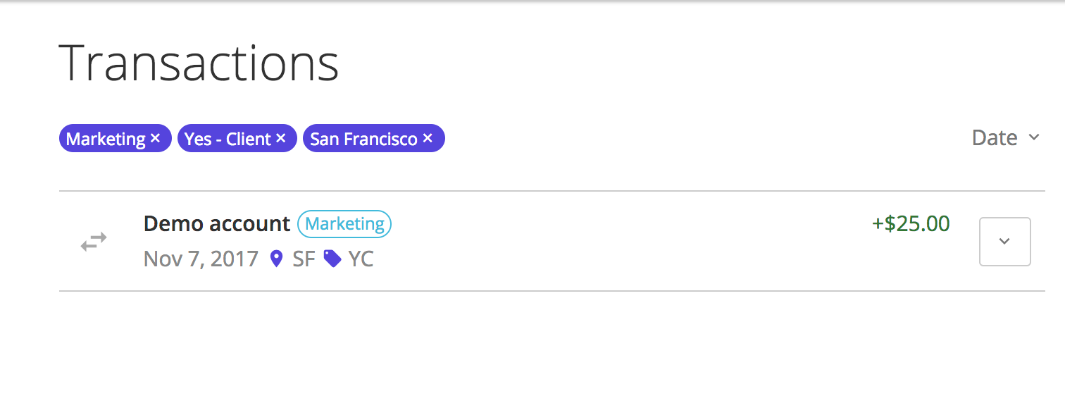 Filtered transactions view showing Marketing department, San Francisco location, and Yes - Client company code applied as filters.