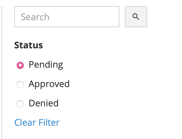 Status filter options for Pre-Approvals: Pending, Approved, and Denied.