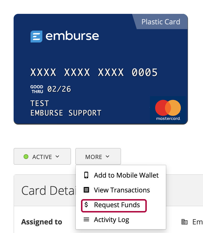 Card details page showing the More menu and the Request Funds option.