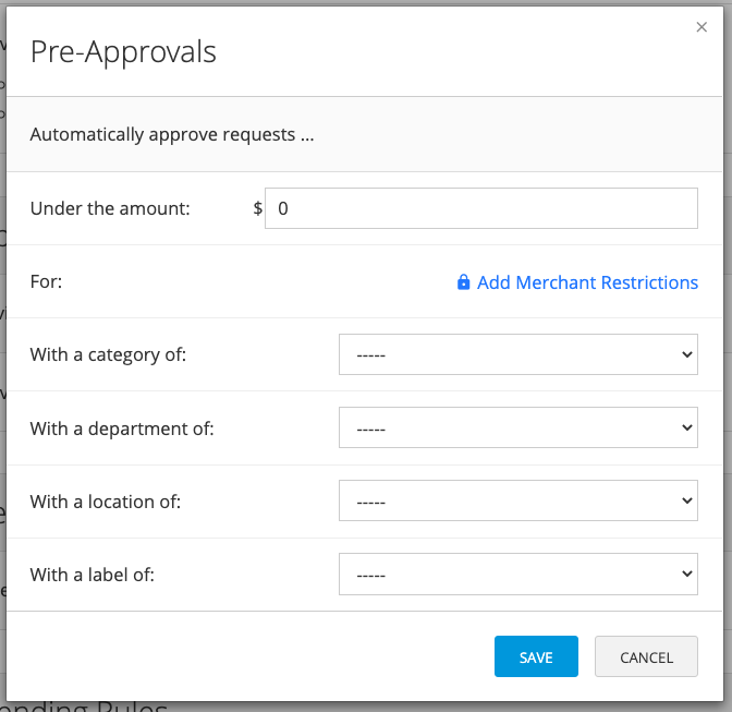 Add Rule screen with condition options for automatic Pre-Approval approval.