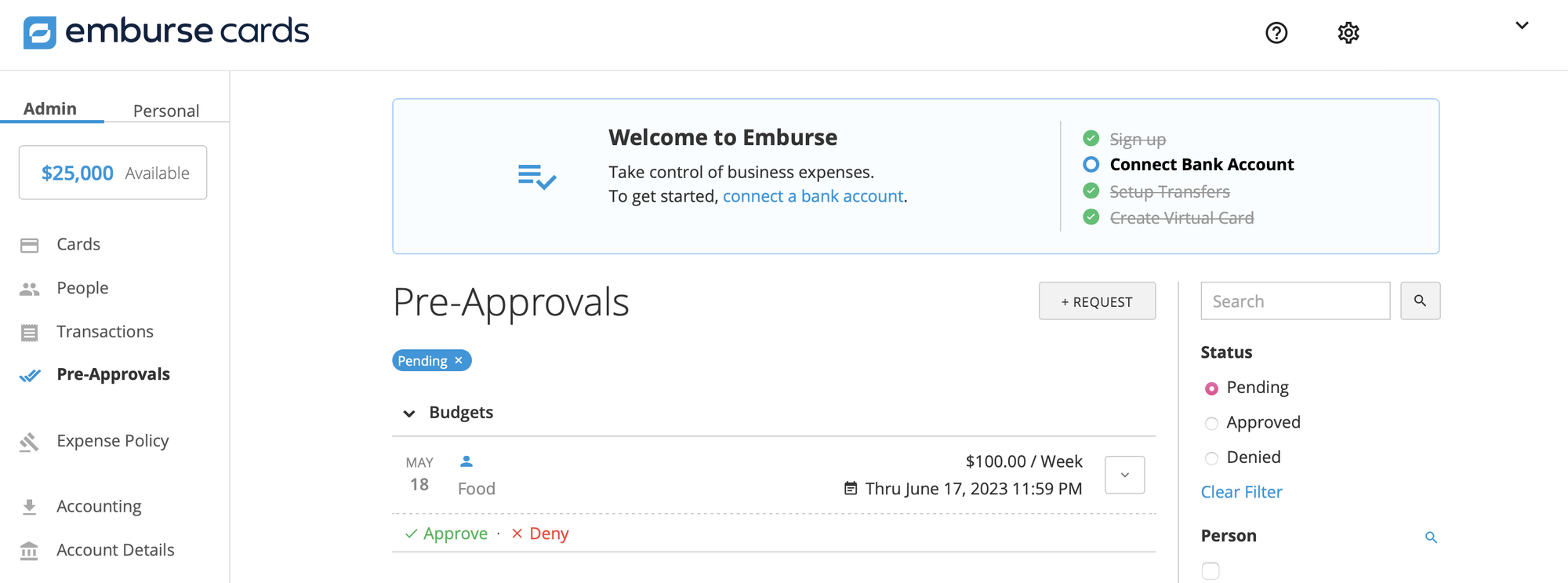 Pre-Approvals list view showing multiple requests and their statuses.