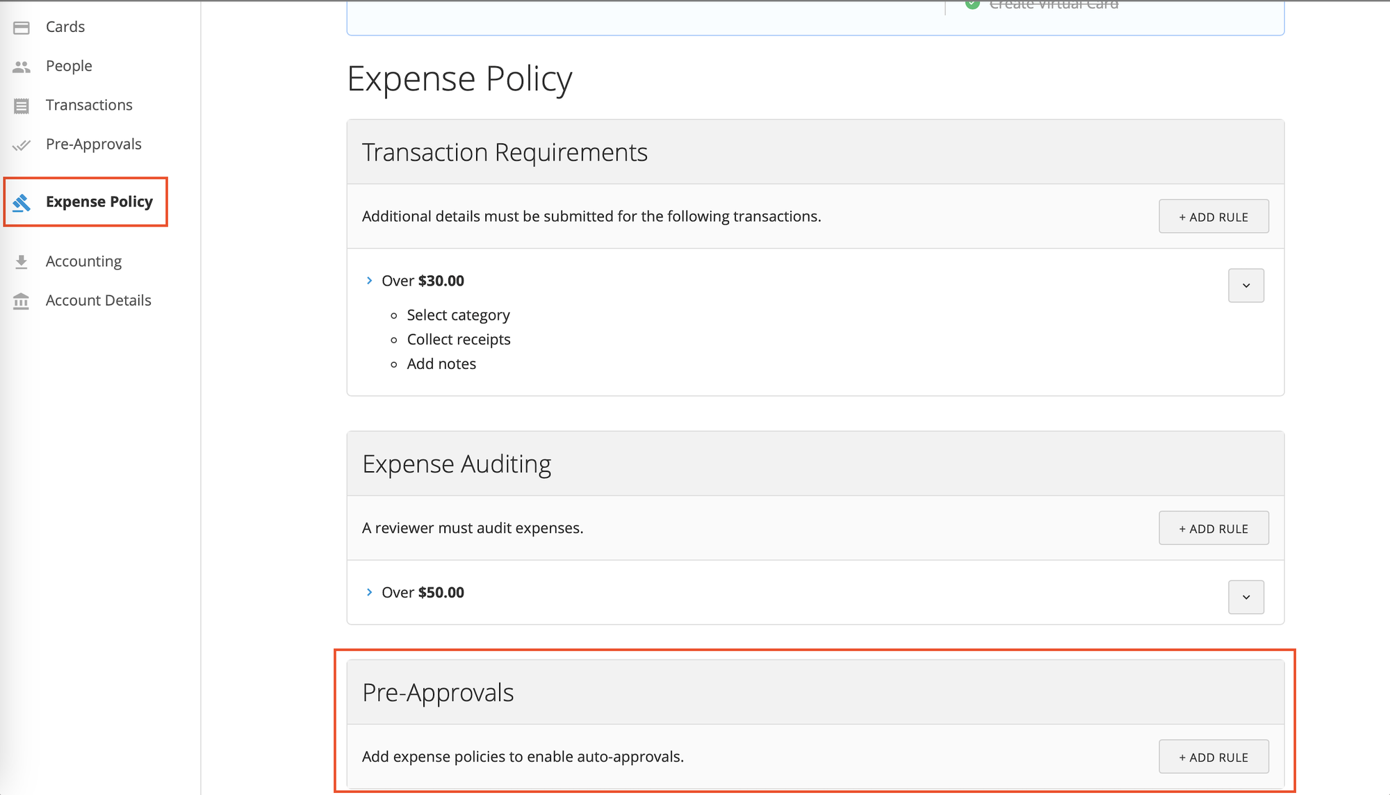 Expense Policy page showing the Pre-Approvals section.
