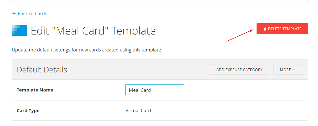 Edit card template screen showing the Delete Template button.