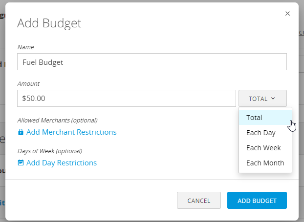 Add Budget form showing fields for Name, Amount, time frame, and day restrictions.