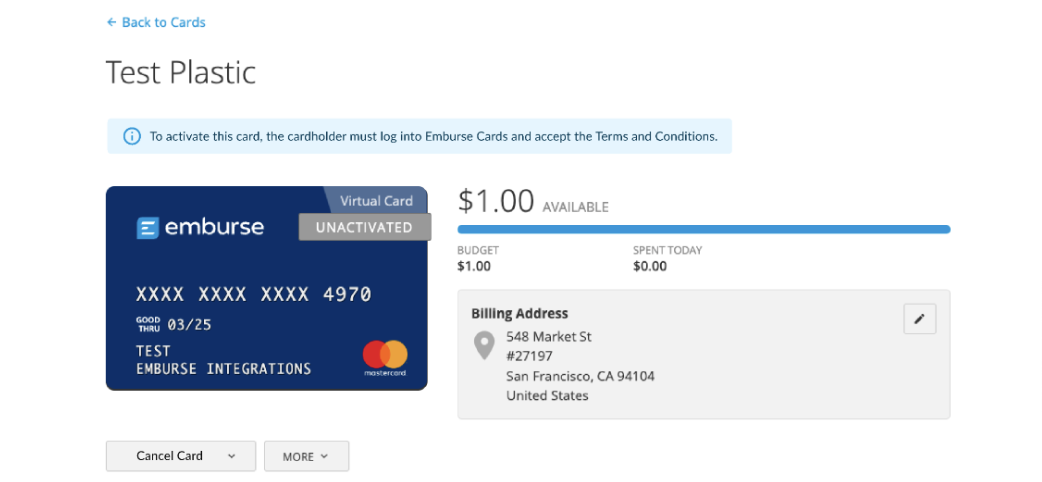 Virtual card details page showing the Terms of Service acceptance prompt.