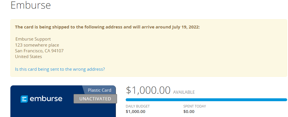 Card details page showing the shipping address and estimated shipping date.