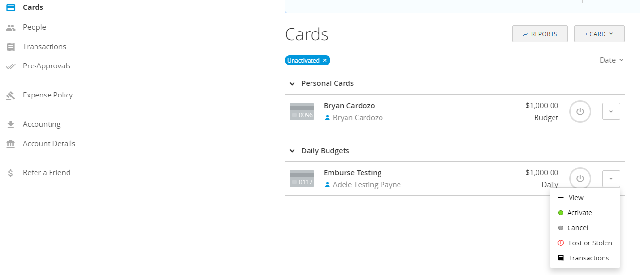 Unactivated card list showing the Cancel option in the card menu.
