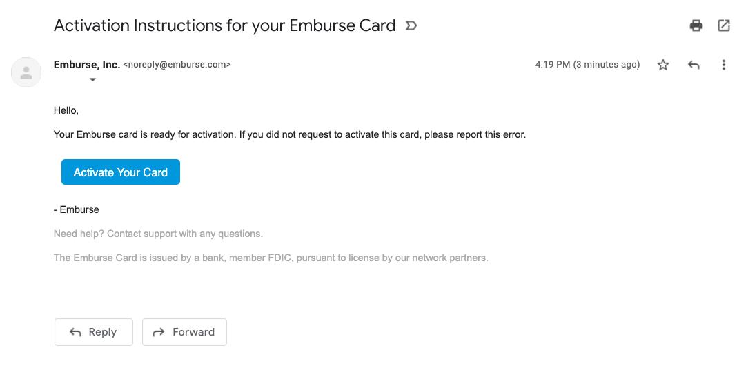 Activation email showing the Activate Your Card button.
