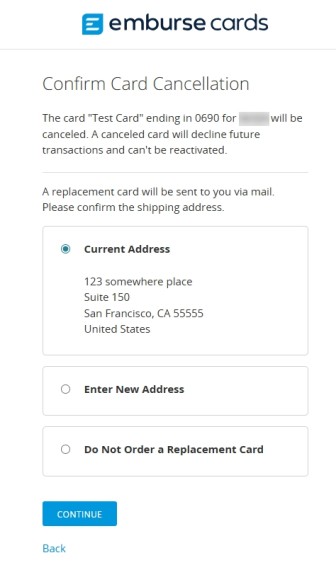 Shipping address confirmation screen with Current Address, Enter New Address and Do Not Replace Card options.