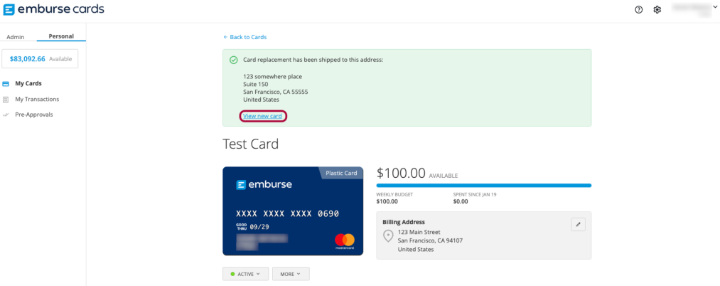 Confirmation message with View new card selected and replacement card details shown.