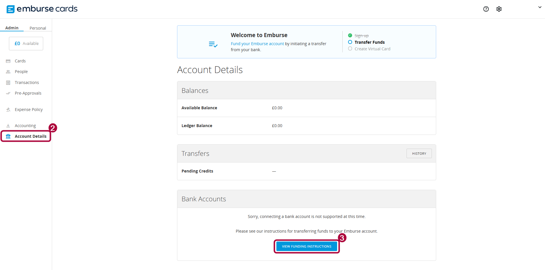 Account Details page showing the VIEW FUNDING INSTRUCTIONS button.