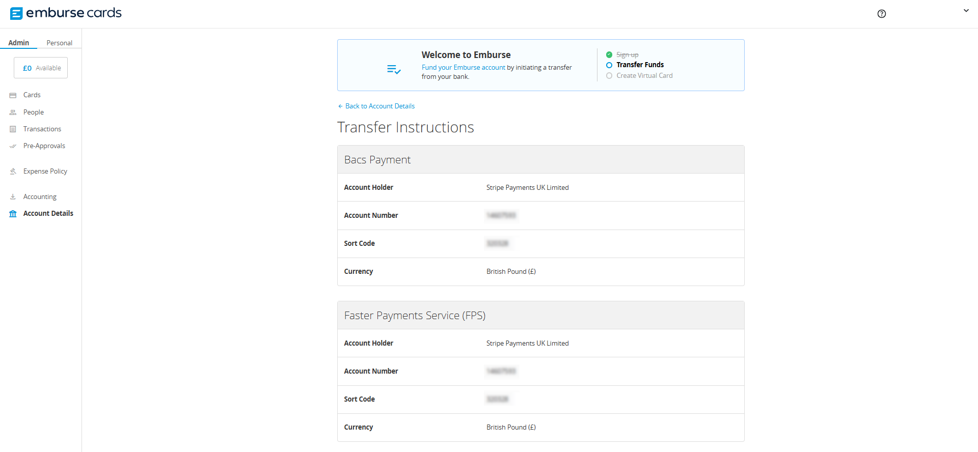 Transfer Instructions page displaying BACS and Faster Payments Service account information.