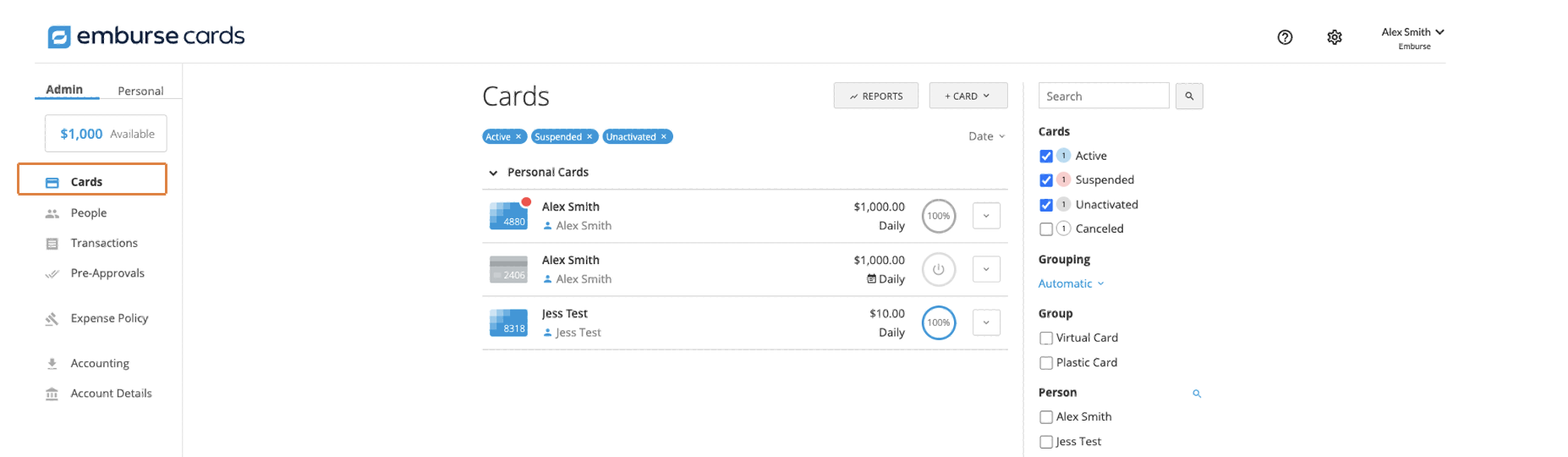 Cards page showing the list of cards with search and filter options.