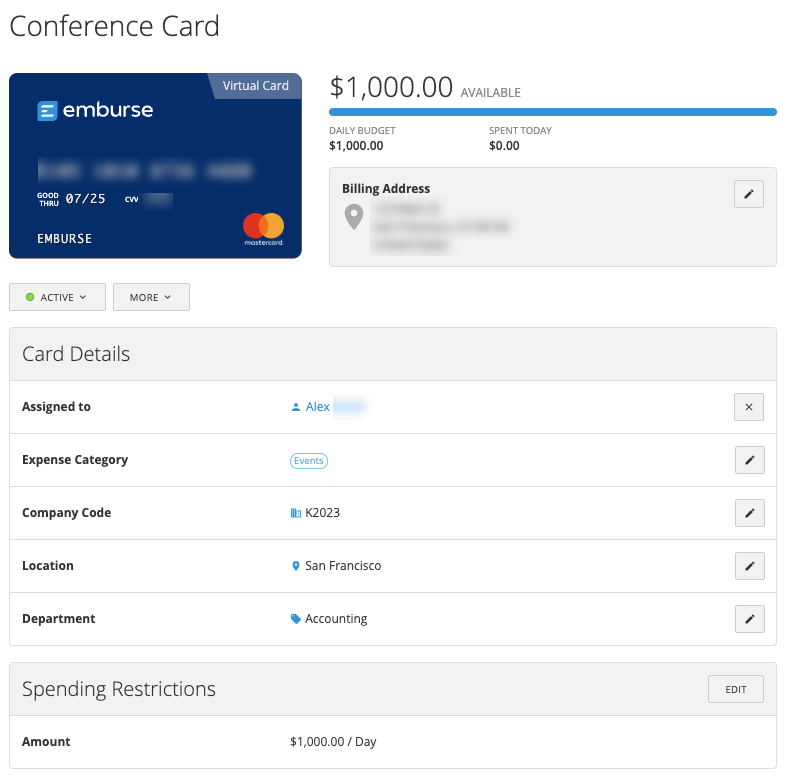 Individual card view showing billing information, budget, and expense categorizations.