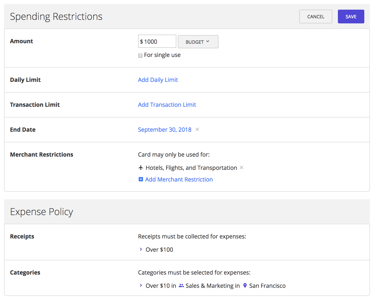 Card spending restrictions section with amount limits, end date, and merchant restrictions.